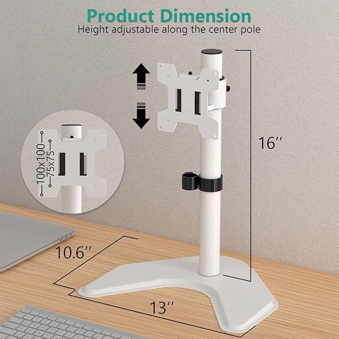 WALI Single Monitor Stand, Free Standing Desk Stand with Mounting Holes 75 to 100, Fully Adjustable Mount Fits One Screen up to 32 inch (MF001-W), White