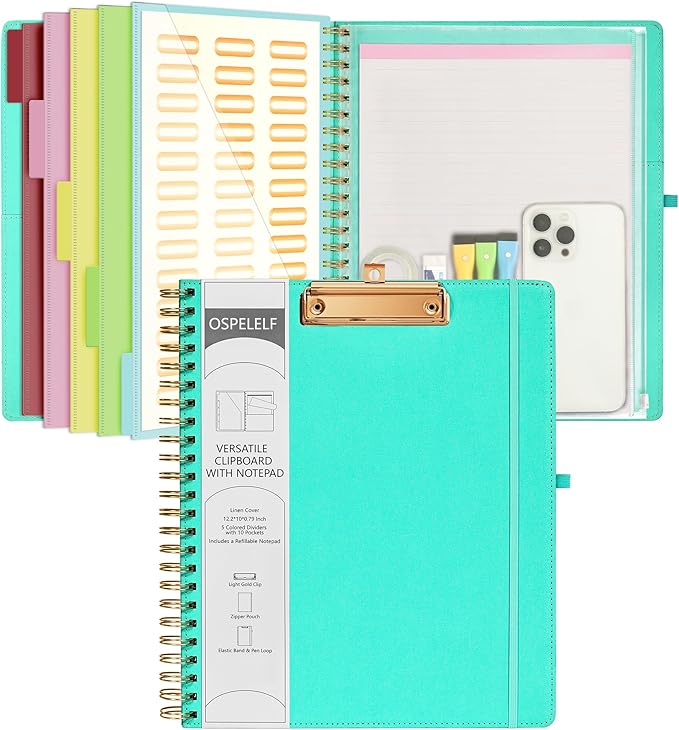 Ospelelf Foldable Spiral Clipboard Folio with Storage Zipper Pouch, 5 Plastic Folders with 10 Pockets,Refillable Lined Notepad (11" x 8.5"), Hardcover Project Organizer with 39 Stickers (Aqua)