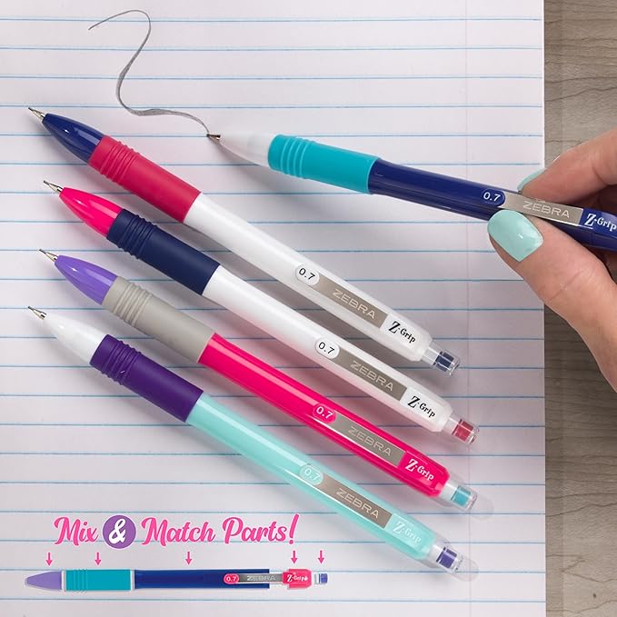 Zebra Pen, Z-Grip Mechanical Pencil, Smooth Writing, Latex-Free Grip, 0.7mm Lead, #2 HB, Lead & Eraser Pre-Loaded, for School, Office, Everyday Use, Refillable, White Opaque Barrel, 12-Pack, (50400)