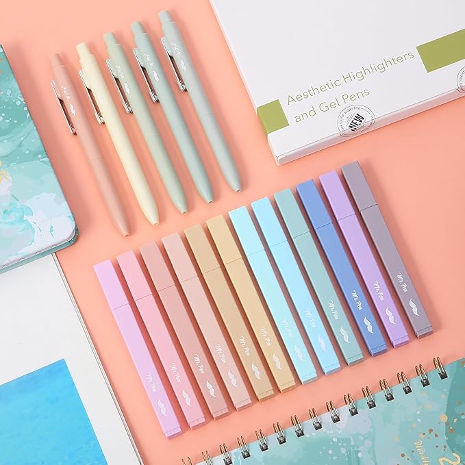 Mr. Pen- Aesthetic Highlighters and Gel Pens, 17 Pack, 12 Muted Pastel Highlighters No Bleed & 5 Black Ink 0.7mm Aesthetic Gel Pens