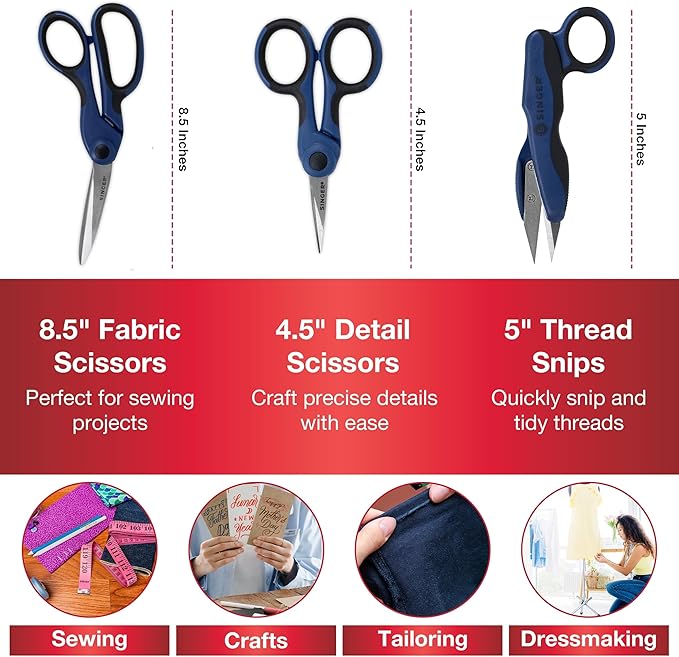 SINGER ProSeries Sewing Scissors Bundle: 8.5" Heavy Duty Fabric, 4.5" Detail Embroidery, 5" Thread Snips With Comfort Grip (Dark Blue)