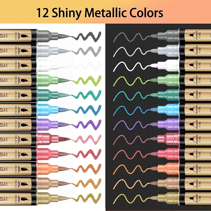 Metallic Marker Pens, 12 Colors Dual Tip Acrylic Paint Pens for Black Paper, Scrapbooking, Photo Album, Rock Painting, Paint Marker for DIY Arts & Crafts, Glass, Wood, Card Making, Scrapbook Supplies