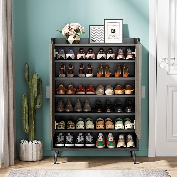 Tribesigns Shoe Cabinet with Doors, 7-Tier Shoe Storage Cabinet with Adjustable Shelves, Wooden Shoes Rack Shoe Storage Organizer for Entryway, Hallway, Closet, Living Room, Gray