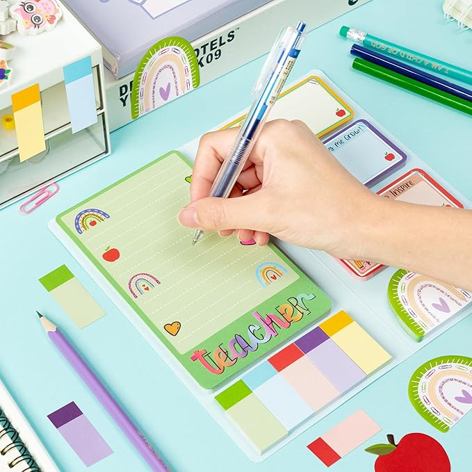 Xqumoi Boho Rainbow Teacher Sticky Notes Set, 550 Sheets, Thank You Teacher Self-Stick Note Pads Teacher Appreciation Gift Writing Memo Pads Page Marker Back to School Office Supplies (Color)