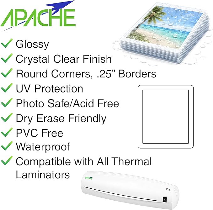 Apache 200 Pack Laminating Pouches 10 mil, Holds 8.5 x 11 Inch Letter Size (9 x 11.5 Inch Sheets), Office and School Supplies, Thermal Laminating Sheets, Super Clear, Round Corner