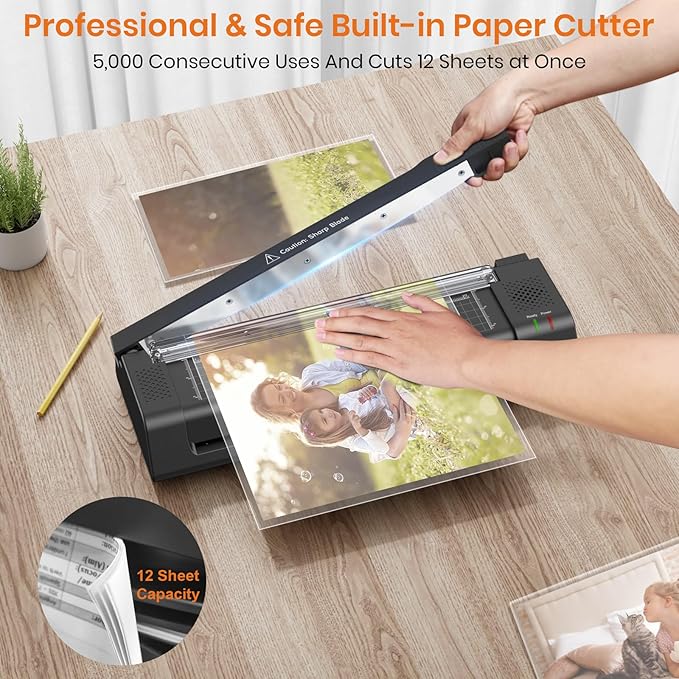 Laminator Machine, 13-Inch Thermal Laminator with Steel Paper Cutter, 13 Laminating Pouches, Corner Rounder, Jam Release Button for Home, Office, School, Teachers, Personal Use, Black