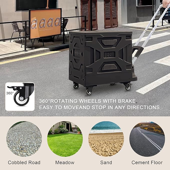VECELO Foldable Shopping Cart with Wheels, Collapsible Rolling Crate for Groceries, Folding Storage Box with Handle, Three Modes of Use, Ideal for Teacher, Trip, Outdoors, Etc., 16GAL, Black