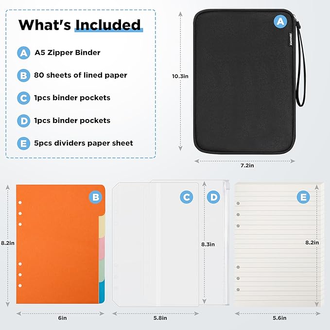 Zannaki A5 Zipper Binder with Binder Pockets, Dividers, Refill Paper, 6 Ring Refillable Binder Notebook for Personal Planner Journal Cash Budget Diary File Album Photocard Portable Travel Organizer