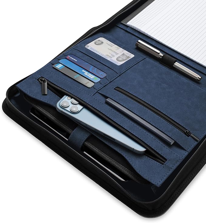 Forevermore Portfolios Padfolio Binder - Professional Faux Leather Travel Organizer Pouch for Tablet, Documents, Presentation Folders, Zipper Closure, Notepad - Blue