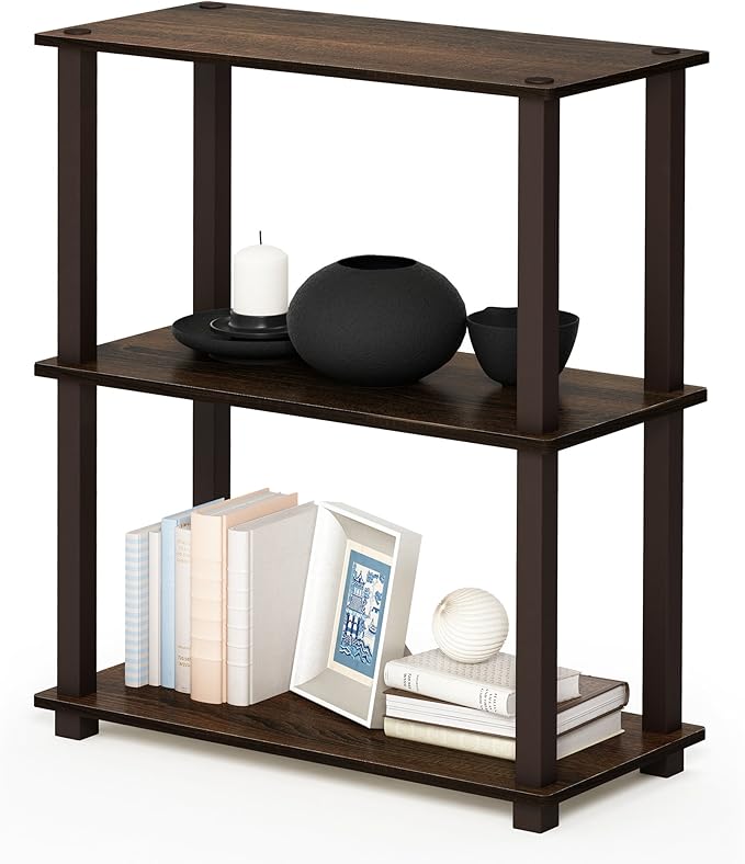 Furinno TURN-S-TUBE Storage Shelves, 3-Tier Book Shelf, Corner Shelf, Toolless Open Shelves, for Organization and Storage, Living Room, Garage, Home Office, Walnut
