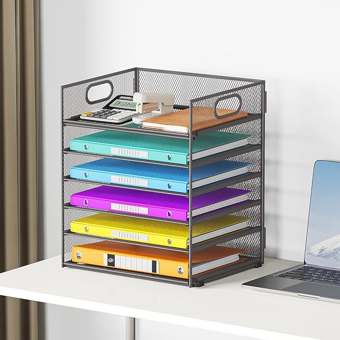 6 Tiers Letter Tray Paper Organizer With Handle, Mesh Desk File Organizer, Metal Desktop Document Shelf, Paper Sorter for Office, Home or School File Folder Holder - Grey