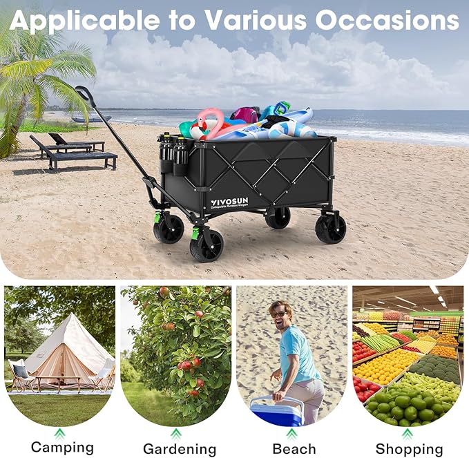 VIVOSUN Collapsible Folding Wagon, Outdoor Utility with Silent All-Terrain Wide Wheels, Adjustable Handle, Cup Holders & Side Pockets, for Camping, Beach, Shopping, Garden, Sports, Picnic, Black