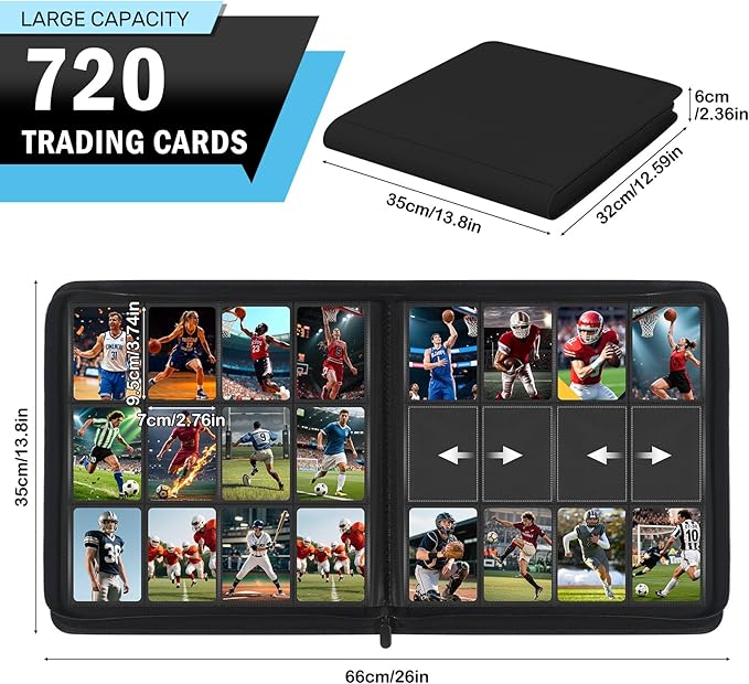 Trading Card Binder 12 Pocket, Zipper Binder Card Album Holds 720 Cards, 30 Pack Acid-Free Pages with Side Loading, Premium Leather Cover Card Folder for TCG/MTG/Sports Cards Collection, Black