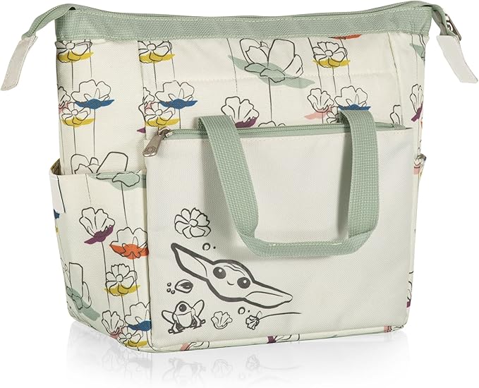 PICNIC TIME Star Wars Mandalorian Grogu Floral On The Go Lunch Bag, Soft Cooler Lunch Box, Insulated Lunch Bag, (Cream with Floral Pattern)