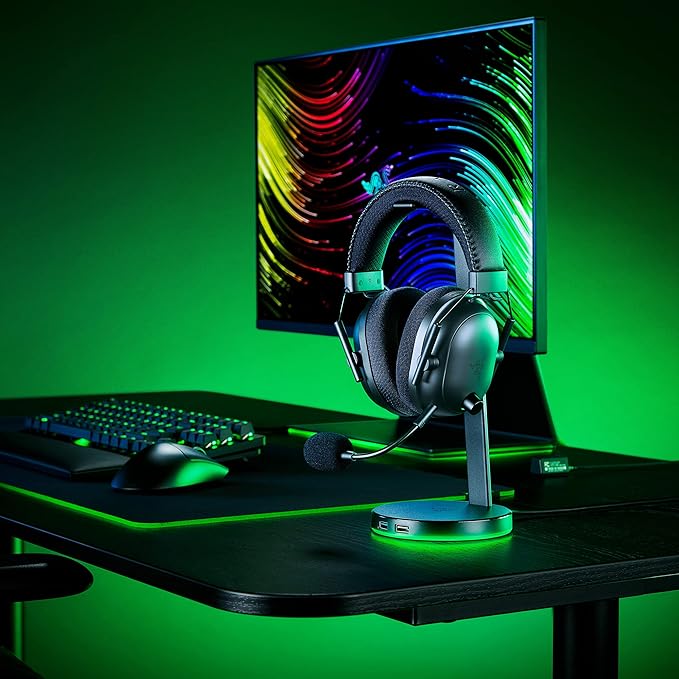 Razer Base Station V2 Chroma Headphone Headset Stand Holder: Chroma RGB Lighting - Taller Stand & Anti-Slip Ledge - USB Charging Ports - Anti-Slip Rubber Base - 3.5mm Port + Built-in DAC - Black