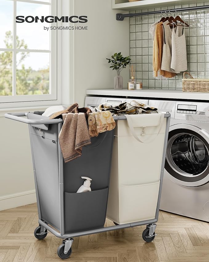 SONGMICS Laundry Basket with Wheels, 2-Section Laundry Sorter, 50.2 Gallons (190 L) Rolling Hamper with Removable Bags, Heavy-Duty Steel Frame, Cream White and Dark Gray URLS009X01