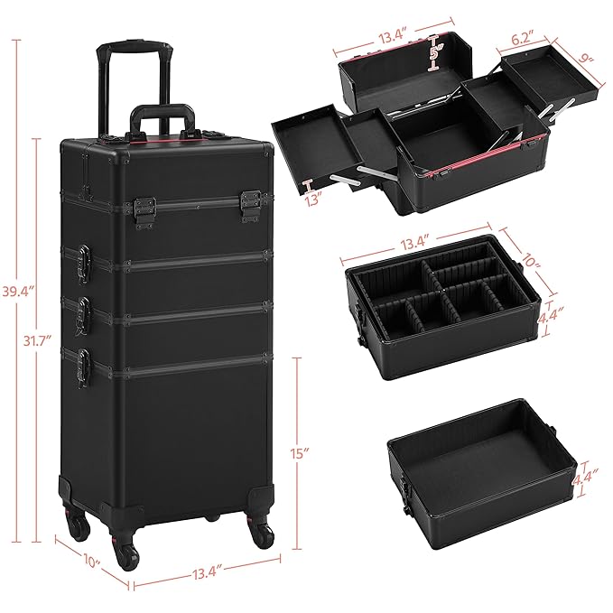 Yaheetech 4 in 1 Professional Makeup Train Case Aluminum Cosmetic Case Rolling Makeup Case Extra Large Trolley Makeup Travel Organizer, with 360° Swivel Wheels, Black