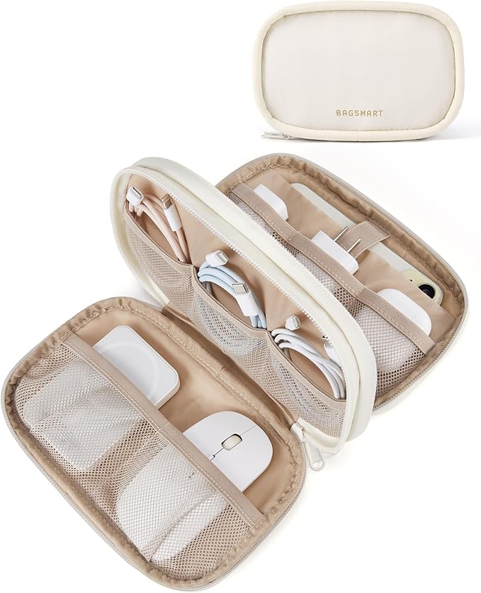 BAGSMART Electronics Organizer Travel Case, Cord Organizer for Women, Travel Cable Bag (Beige)
