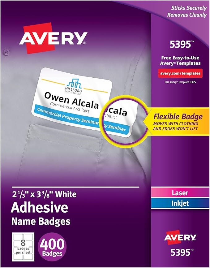 Avery Flexible Printable Name Badges, 2-1/3" x 3-3/8" Rectangle Labels, White, 5 Packs, 2,000 Removable Name Tag Stickers Total (5395)
