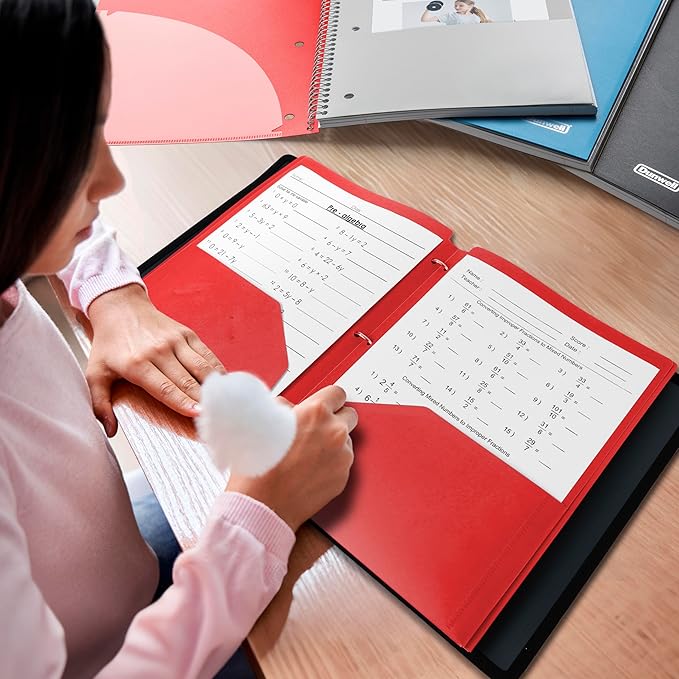 Dunwell Plastic 2-Pocket Folders for 3-Ring Binders, (3 Pack, Red) 3 Hole Punched, Divider Folder for Notebooks, Long Lasting Poly, Fits 8.5x11 Sheets, Includes Labels