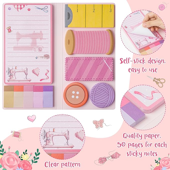 Xqumoi Retro Sewing Sticky Notes Set - Any Day Spent Sewing is A Good Day Self-Stick Note Pads Teacher Appreciation Notepads Writing Memo Pad Page Marker Back to School Office Supplies (Pink)