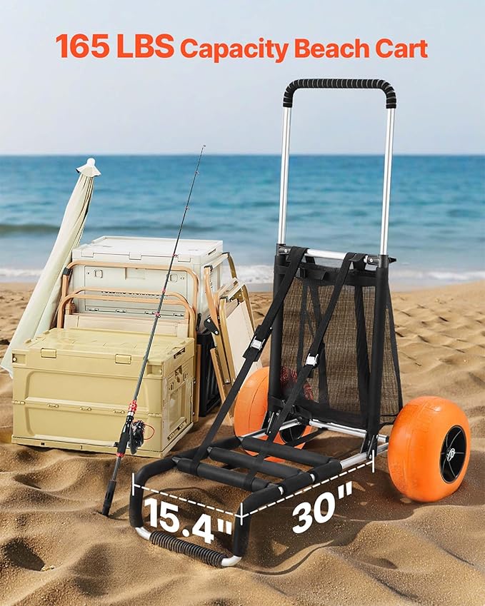 VEVOR Beach Dolly with Big Wheels for Sand, 29.9" x 15.4" Cargo Deck, w/ 12" Solid Wheels, 165LBS Loading Capacity Folding Sand Cart & 27" to 44.7" Adjustable Height, Heavy Duty Cart for Beach