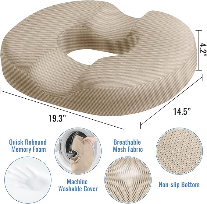 CloudBliss Donut Pillow Seat Cushion Chair Pad for Tailbone Pain Relief and Hemorrhoids, Memory Foam Seat Chair Cushion for Men and Women for Home & Office, (Khaki-2XL)