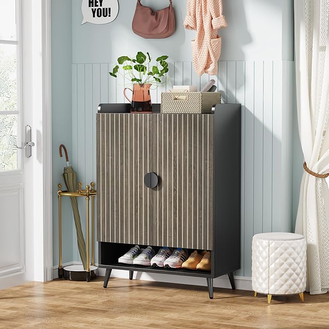 Tribesigns Shoe Cabinet with Doors, 7-Tier Shoe Storage Cabinet with Adjustable Shelves, Wooden Shoes Rack Shoe Storage Organizer for Entryway, Hallway, Closet, Living Room, Gray