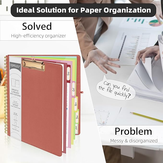 Ospelelf Red Foldable Spiral Clipboard Folio with Storage Zipper Pouch, 5 Plastic Folders with 10 Pockets, Refillable Lined Notepad (11" x 8.5"), Linen Hardcover Project Organizer