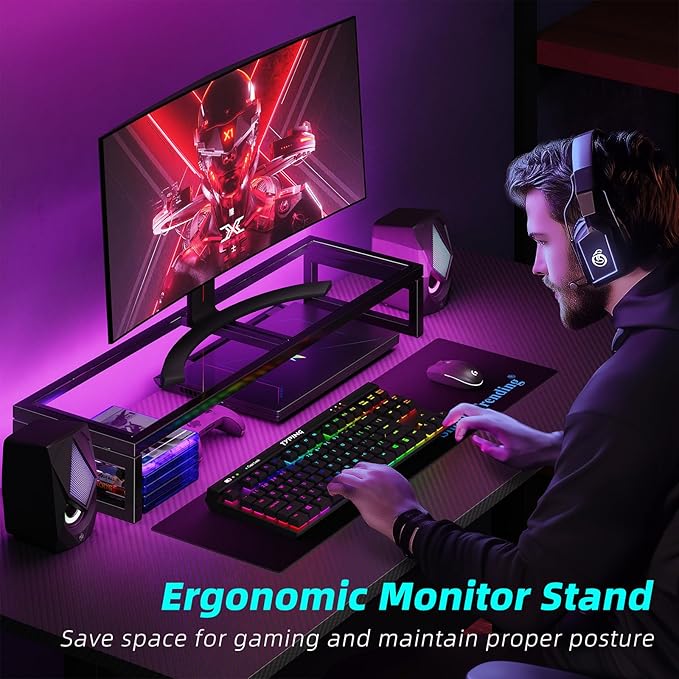 Simple Trending Dual Monitor Stand Riser, Tempered Glass Computer Desk Organizer with Mouse Pad for Laptop, iMac, TV, Black