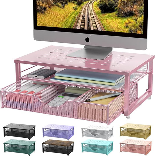 gianotter Computer Monitor Stand Riser, office organizer with Drawer, Office Organizers Storage for Classroom Office Supplies (Pink)