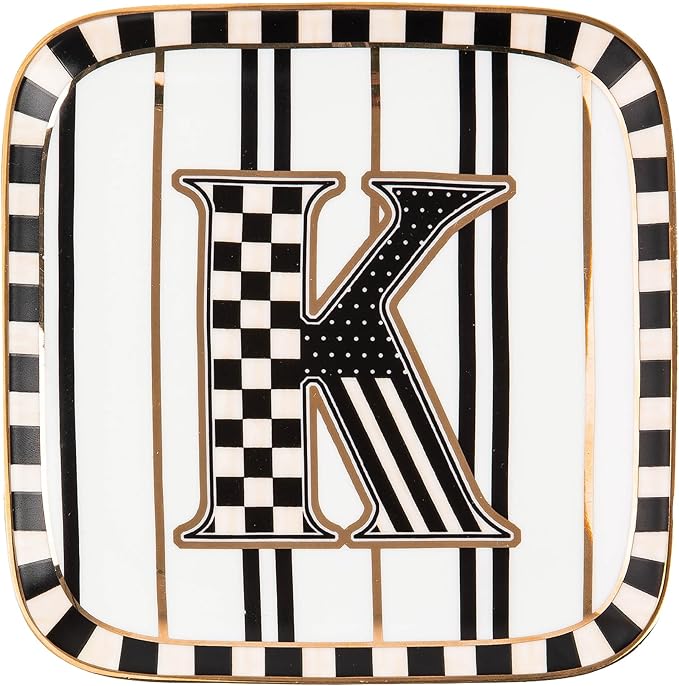 MACKENZIE-CHILDS Monogram Dish, Decorative Ceramic Letter Plate, 5 3/4" Square, K