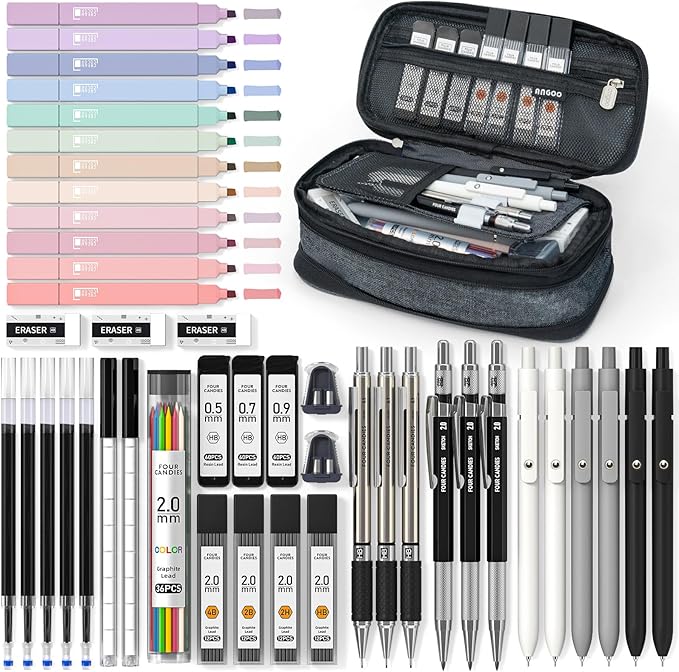 Four Candies 45 PCS School Supplies with Pen Case, 12 Pastel Highlighters, 6 Black Ink Gel Pens, 6 Mechanical Pencils Set for Students Stationary College Essentials (Black)