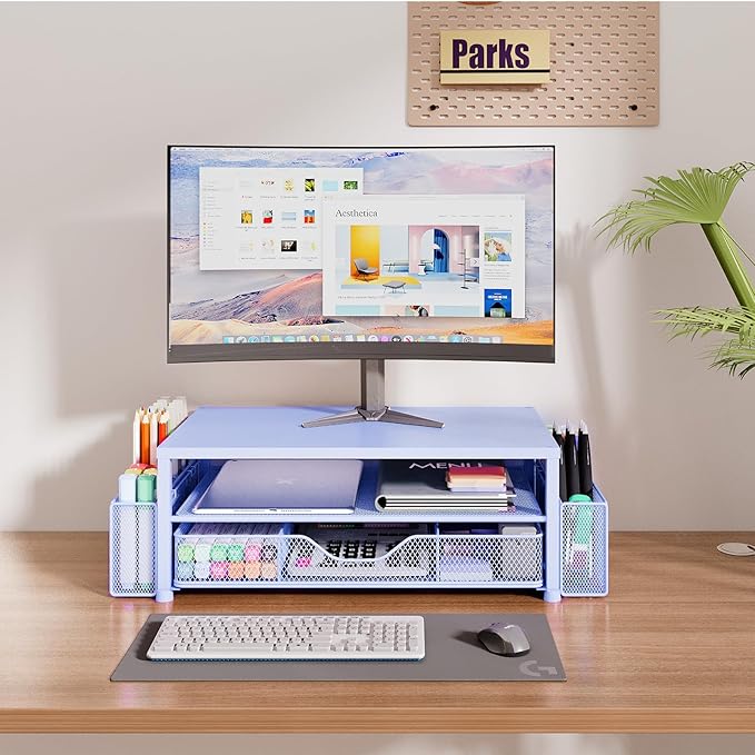 OPNICE Desk Organizers and Accessories, 2-Tier Computer Monitor Stand Riser with Drawer and 2 Pen Holders, Laptop Stand, Office Desk Accessories for Office Supplies, Blue