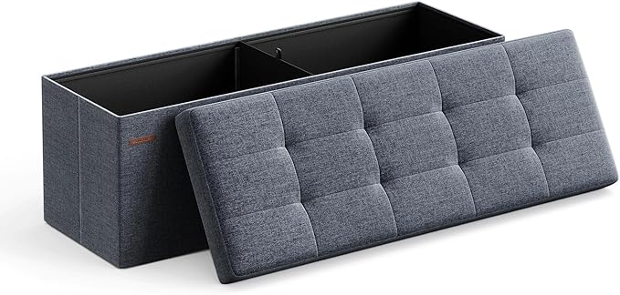 SONGMICS MAZIE Collection - 43 Inches Folding Storage Ottoman Bench, Ottoman Foot Rest, End of Bed Bench, Storage Chest, Load 660 lb, for Living Room, Bedroom, Entryway, Misty Blue ULSF077Q01