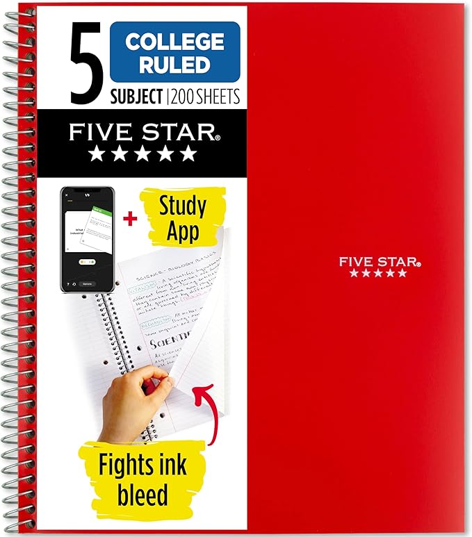 Five Star Spiral Notebook + Study App, 5 Subject, College Ruled Paper, 8-1/2" x 11", 200 Sheets, Fights Ink Bleed, Water Resistant Cover, Fire Red (72077)