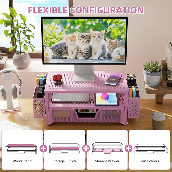 Simple Trending 2 Tier Metal Monitor Stand Monitor riser and Computer Desk Organizer with Drawer and Pen Holder for Laptop, Computer, iMac, Pink
