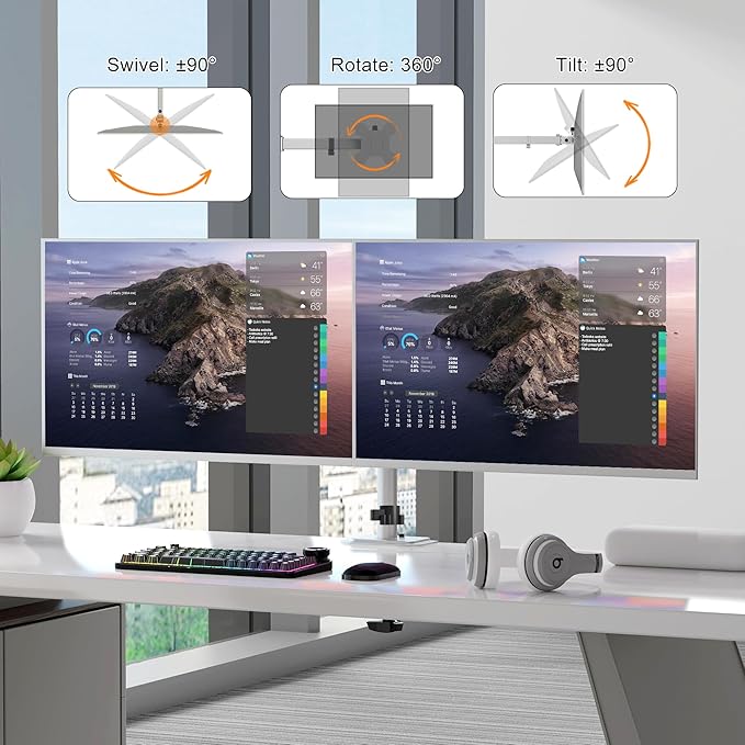 Pholiten Dual Monitor Stand, Heavy Duty Adjustable Monitor Arm Desk Mount for 2 Screens up to 38Inches, Tilt, Swivel, Rotate, Supports Tilt, Swivel, Rotate, Supports 22 lbs per Arm,Silver