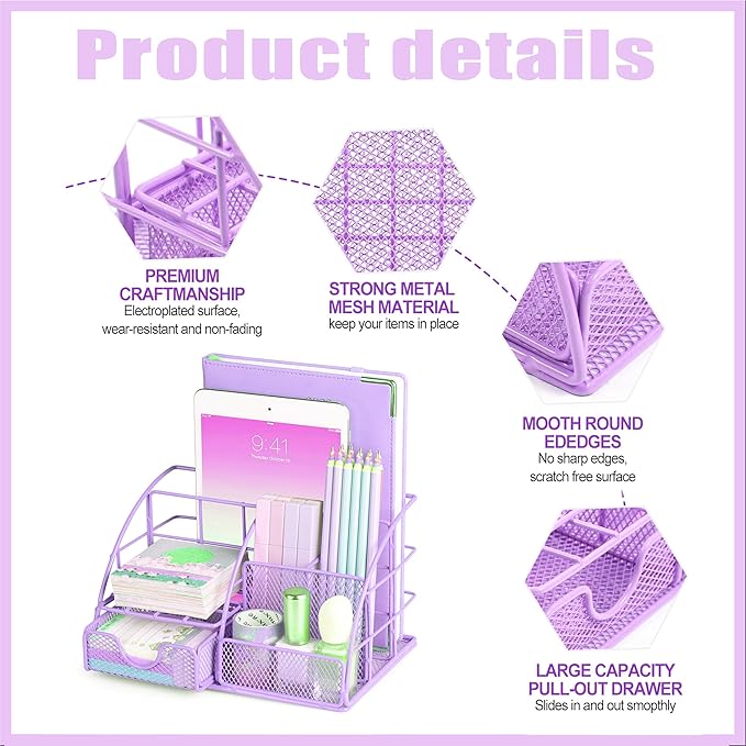 Purple Desk Organizers and Accessories Office Supplies Set Stapler, Pen Holder, Phone Holder, Scissors, Pen, Ruler, 30 Paper Clips, 22 Binder Clip, 20 Tacks and 1000pcs Staples