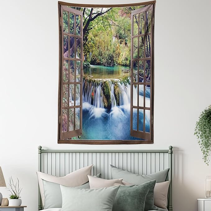 Ambesonne Waterfall Tapestry Queen Size, Wide Waterfall Deep down in the Forest Seen from a City Window Epic Surreal Print, Wall Hanging Bedspread Bed Cover Wall Decor, 88" X 88", Brown Black