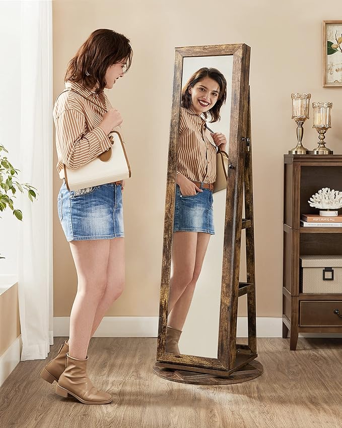 SONGMICS 360° Swivel Jewelry Cabinet, Lockable Jewelry Organizer with Full-Length Mirror, Rear Storage Shelves, Interior Mirror, Jewelry Armoire, Gift Idea, Rustic Brown UJJC006X01