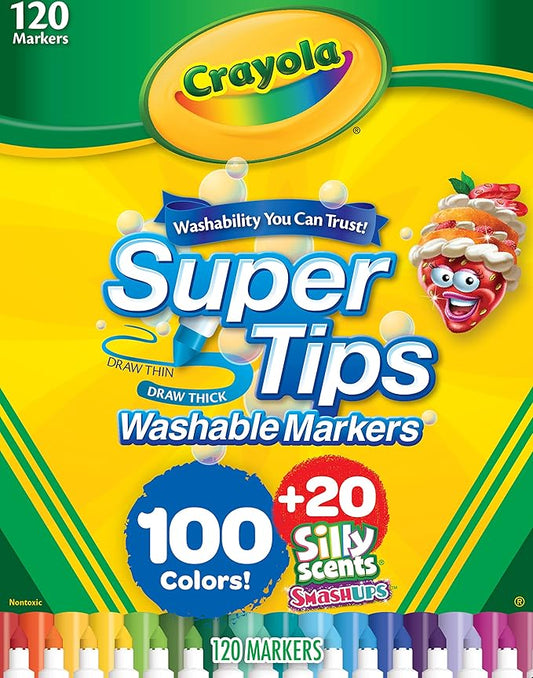 Crayola Super Tips & Silly Scents Washable Marker Set (120ct), Bulk Colored Markers for Coloring Books, Fine Tip, Conical, Water-Based Ink, Ideal for Kids' Art Projects, Gifts