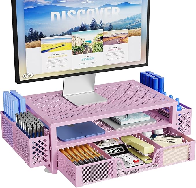 Simple Trending 2 Tier Metal Monitor Stand Monitor riser and Computer Desk Organizer with Drawer and Pen Holder for Laptop, Computer, iMac, Pink