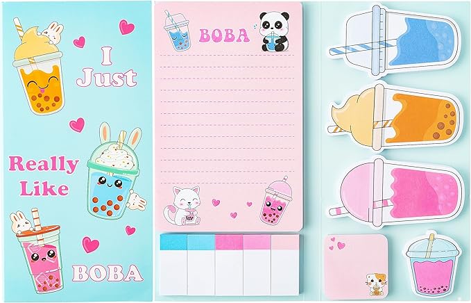 Xqumoi I Just Really Like Boba Sticky Notes Set, 550 Sheets, Cute Bubble Tea Self-Stick Notes Pads Milk Tea Theme Divider Tabs Bundle Writing Memo Pads Back to School Office Supplies Small Gift