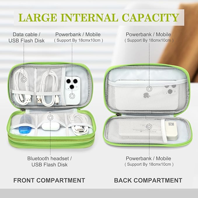 FYY Electronic Organizer, Travel Cable Organizer Bag Pouch Electronic Accessories Carry Case Portable Waterproof Double Layers Storage Bag for Cable, Cord, Charger, Phone, Earphone, Medium Size Green