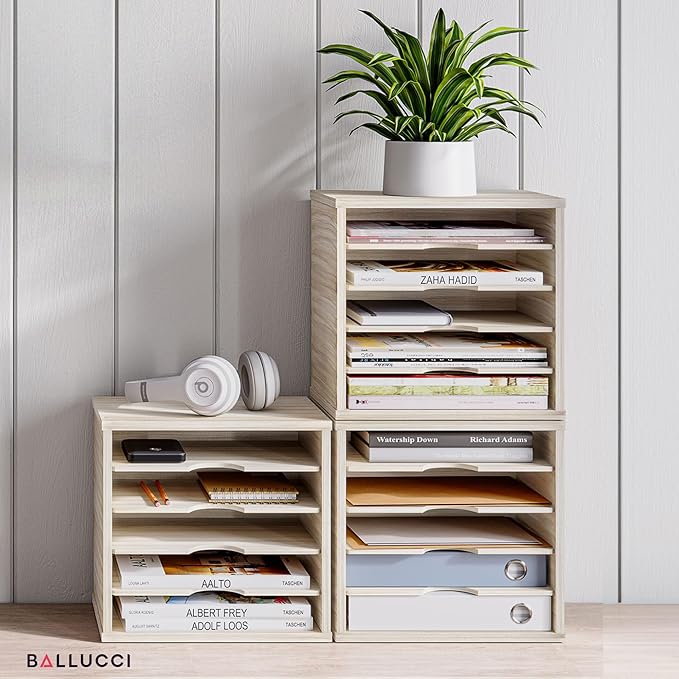 Ballucci Wood File Organizer Paper Sorter, 5 Tier Adjustable Shelves Office Desk Organizer 13 5/8" x 9 1/4" x 12", Brushed Wood
