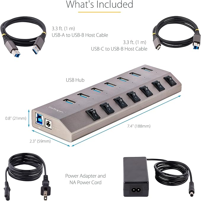 StarTech.com 7-Port Self-Powered USB-C Hub with Individual On/Off Switches, USB 3.0 5Gbps Expansion Hub w/Power Supply, Desktop/Laptop USB-C to USB-A Hub, USB Type C Hub w/BC 1.2 (5G7AIBS-USB-HUB-NA)