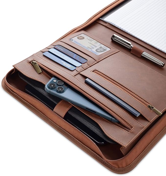 Forevermore Portfolios Padfolio Binder - Professional Faux Leather Travel Organizer Pouch for Tablet, Documents, Presentation Folders, Zipper Closure, Notepad - Brown