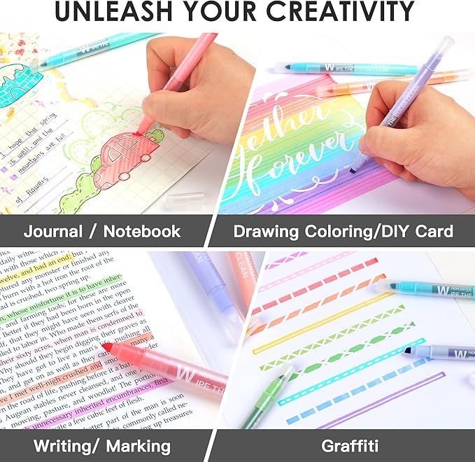 Erasable Highlighters, 10 Pastel Highlighters Assorted Colors, Dual Tip Cute Erasable Highlighter Pens No Bleed Through for Bullet Journaling, Bible Study, School Office Supplies