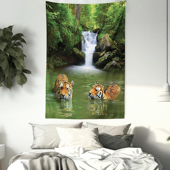 Ambesonne Savannah Tapestry, Siberian Tigers in Water Waterfall Pool Woodland Swimming Natural, Fabric Wall Hanging Decor for Bedroom Living Room Dorm, 30" X 45", Reseda Green Orange